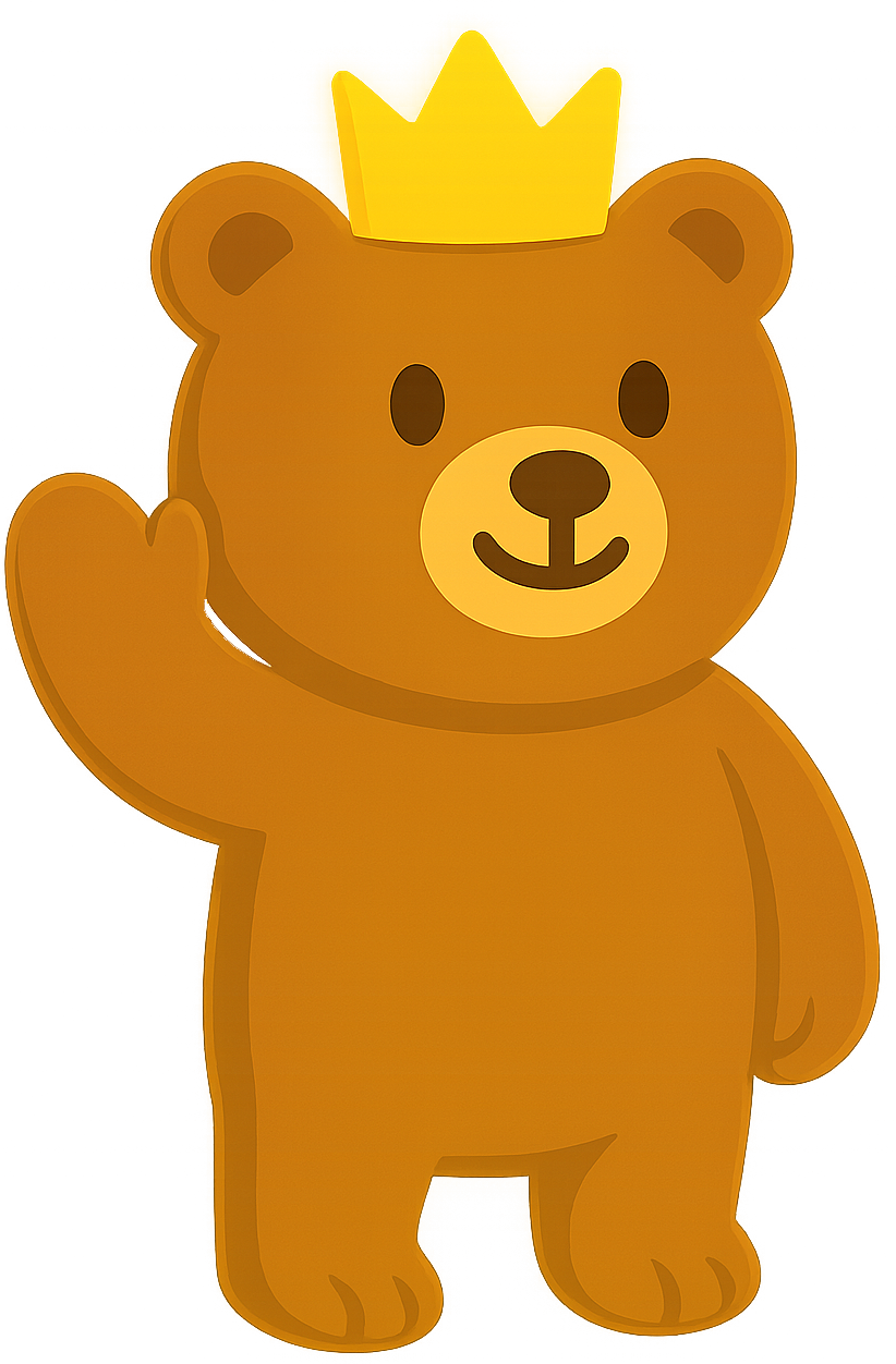 Crossword Kingdom’s crowned bear mascot waving