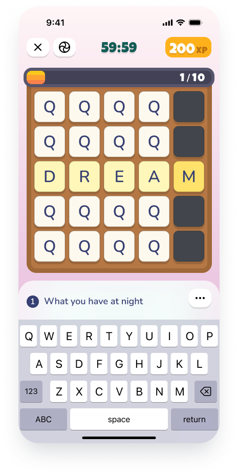 Crossword Kingdom app showing a colorful crossword board and clue